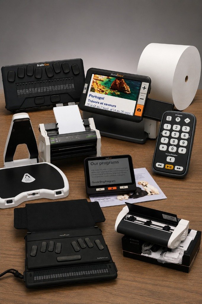 A collection of assistive technology products including braille displays, notetakers, braille embossers, video magnifiers, and DAISY players arranged on a wooden table
